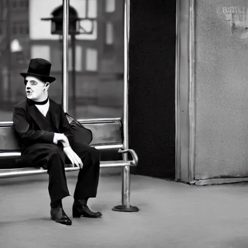 Image similar to charlie chaplin at a bus stop, black and white color aesthetic, highly detailed, photorealistic portrait, bright studio setting, studio lighting, crisp quality and light reflections, unreal engine 5 quality render