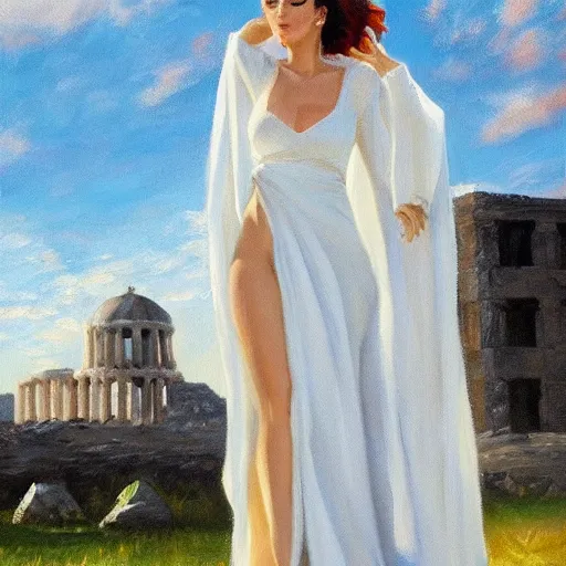 Image similar to Greek goddess posing for painter, sun light, trending on artstation, black hair, white coat, messy hair, palace in the background