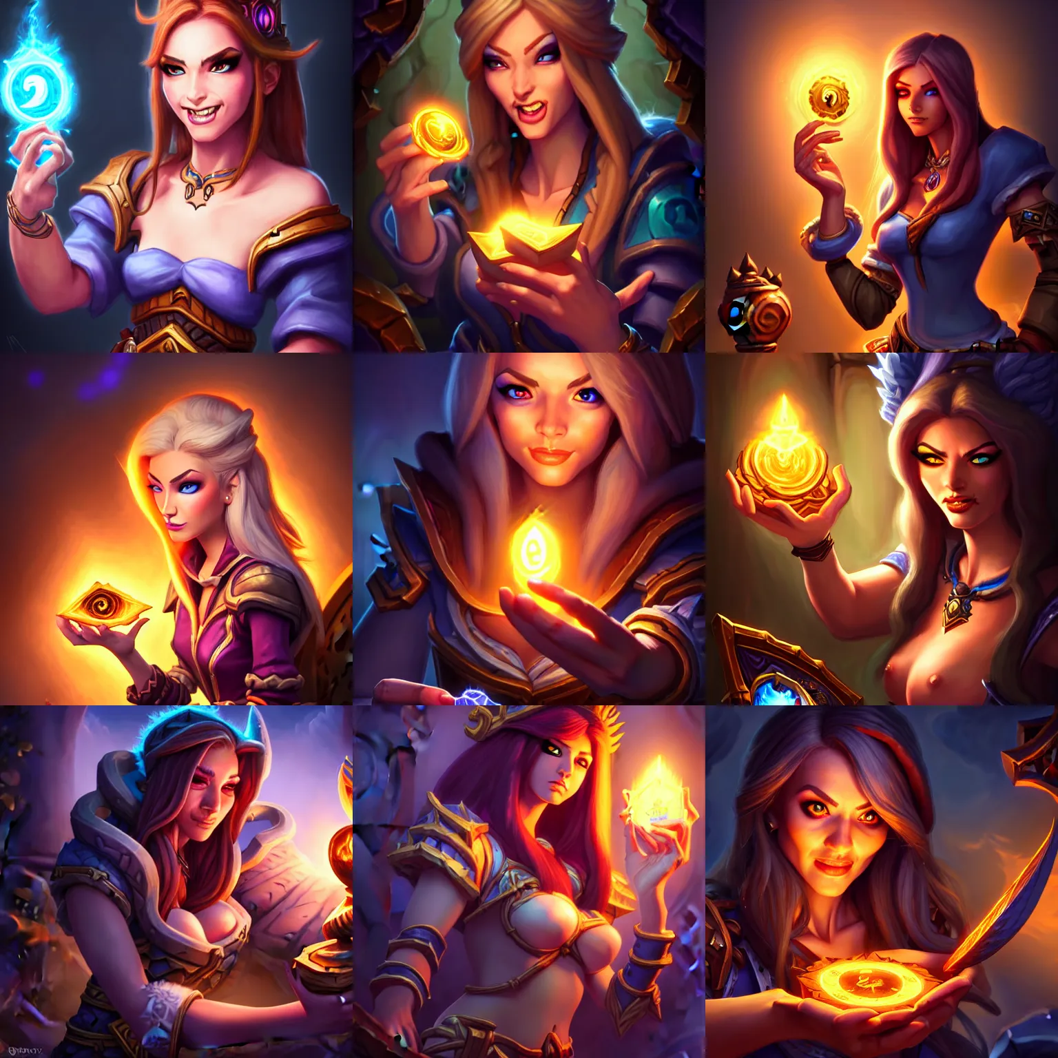 Image similar to Full body Hearthstone official professional art, with realistic beautiful face & eyes. A sorceress finding a treasure. Insanely coherent and well drawned physical body parts. Full body, sharp focus, 8k high definition, insanely detailed, intricate, elegant, smooth, sharp focus, ArtStation