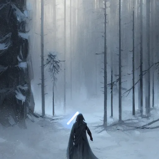 Image similar to star wars concept art by greg rutkowski, a neogothic city in the middle of a snowy forest landscape and near a lake, dark clouds, scarce rays of sunlight, enigmatic atmosphere, artstation hq.