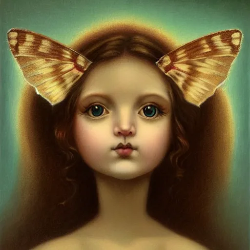 Image similar to beautiful portrait of a fluffy moth in the style of Mark Ryden, detailed, trending on Artstation