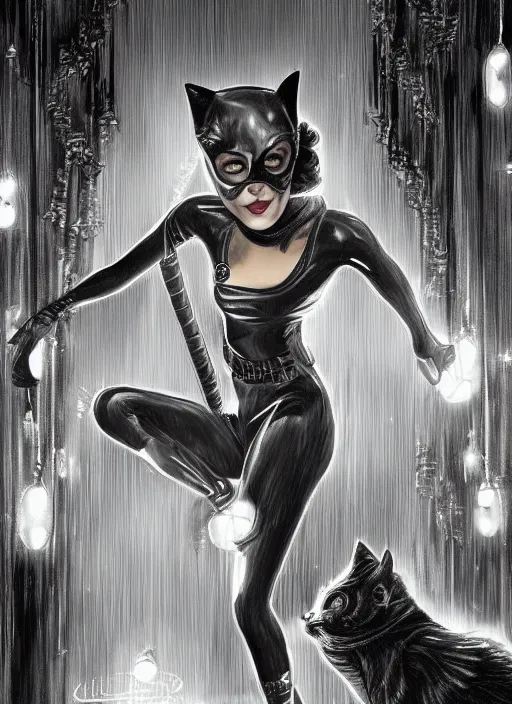 Prompt: catwoman, in a classic 2 0 s theatre, atmospheric, intricate, glowing lights, volumetric light, highly detailed, mystic, ornaments everywhere. digital painting, photorealism