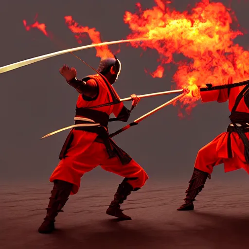 Prompt: Two samurais with flaming swords fighting, 8k, concept art, elegant, cinematic lighting,