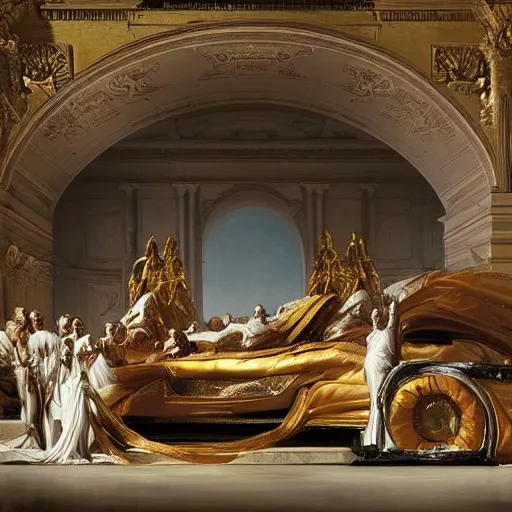 Image similar to sci fi car transport design organic smooth elastic forms 30% of canvas; wall structure on the coronation of napoleon painting 40% of canvas; by Jacques-Louis David, pinterest keyshot product render, cloudy plastic ceramic material shiny gloss water reflections, ultra high detail ultra realism, 4k