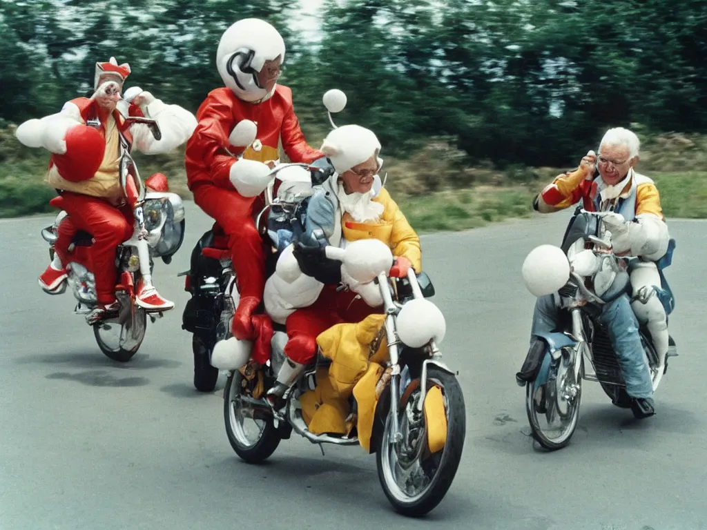 Image similar to a martin parr photo of a grandpa couple, wearing michelin man white body costumes, going super fast on a motorbike, 1 9 7 0 s kodachrome colour photo, flash on camera,