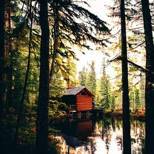 Prompt: Cabin in Canadian forest, creek, awe-inspiring, incredibly beautiful, award winning photo, 100mm lens, f2.8, low contrast