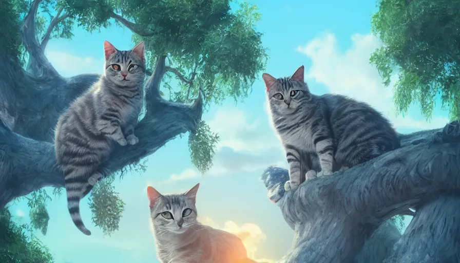 Prompt: lot of cats on a tree, green hills background, matte painting, artstation, sunrise, blue sky, art by caspar finch