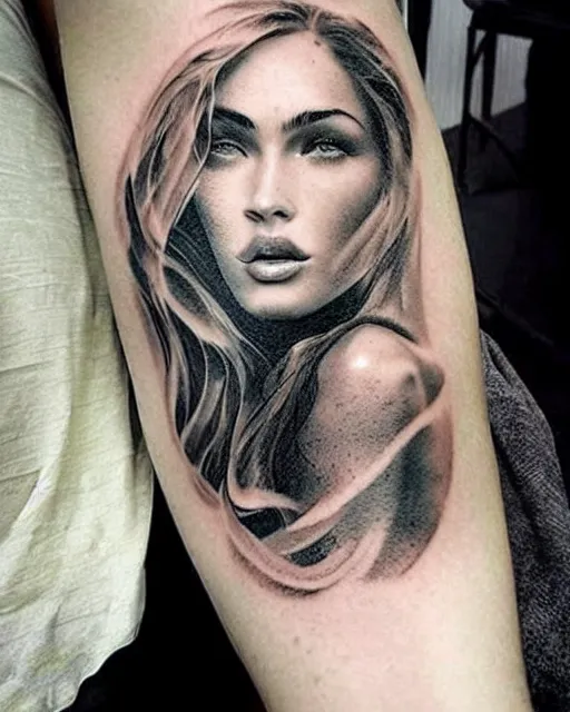 Image similar to creative double exposure effect tattoo design sketch of megan fox faded in beautiful mountain scenery, realism tattoo, in the style of matteo pasqualin, amazing detail, sharp