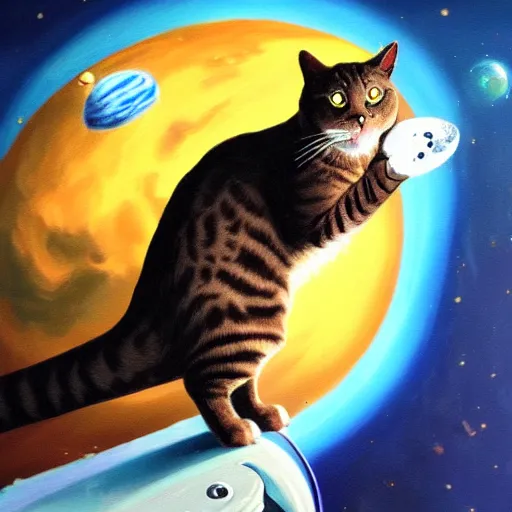 Prompt: A cat sitting on the top of planet earth in space, oil painting, trending on artstation