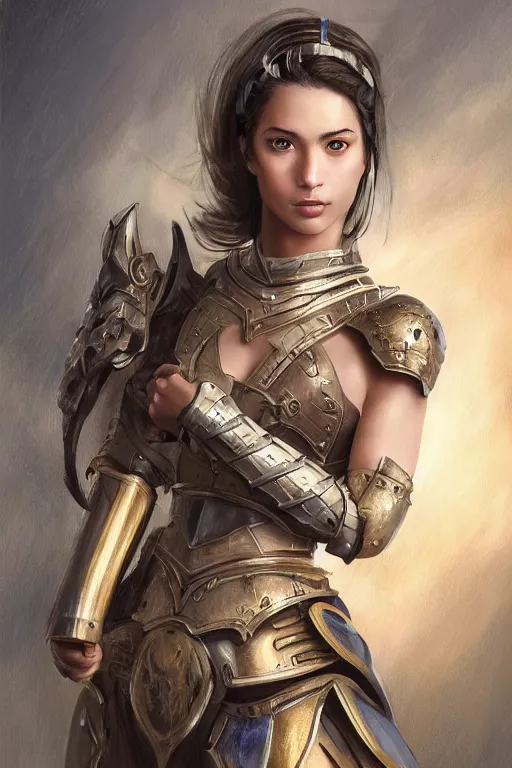 Image similar to a photorealistically painted portrait of an attractive young female, partially clothed in battle armor, with an abstractly painted background, flawless olive skin, fair complexion, long dark hair, beautiful bone structure, perfectly symmetric facial features, perfect photorealistic eyes, natural physique, intricate, elegant, digital painting, concept art, finely detailed, beautifully illustrated, sharp focus, minimal artifacts, volumetric lighting, from Metal Gear, by Ruan Jia and Mandy Jurgens and Artgerm and William-Adolphe Bouguerea, in the style of Greg Rutkowski, trending on Artstation, award winning art