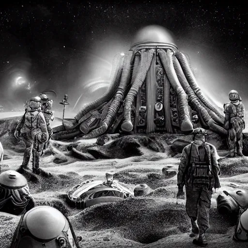 Prompt: soldiers exploring an alien world, 1 9 2 0's sci - fi, black and white, 8 k, highly ornate intricate details, extreme detail,