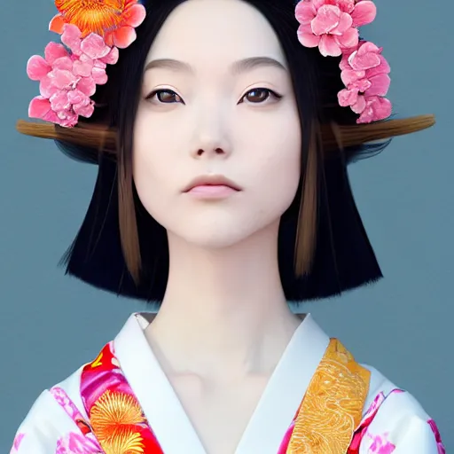 Image similar to centered portrait of a 3D beautiful Japanese girl in kimono, hyperdetailed, digital painting, trending on Artstation, cel-shading style, CG society, hyperdetailed, digital painting, hypermaximalist, golden ratio, volumetric, octane render, weta digital, micro details, 3d sculpture