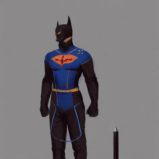 Image similar to a hero named rope man, his suit is black and blue and he has a bat like wing suit under it, mystic, concept art, artstation, greg rutkowski, reference sheet