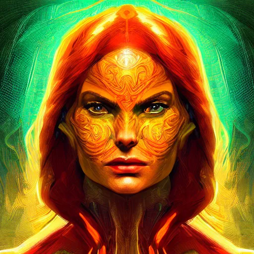 Image similar to portrait of jean grey, symmetry, hyperdetailed perfect face, green eyes, comic, phoenix rising, burning flames, intricate, detailed, volumetric lighting, scenery, digital painting, highly detailed, artstation, sharp focus, illustration, concept art, ruan jia, steve mccurry