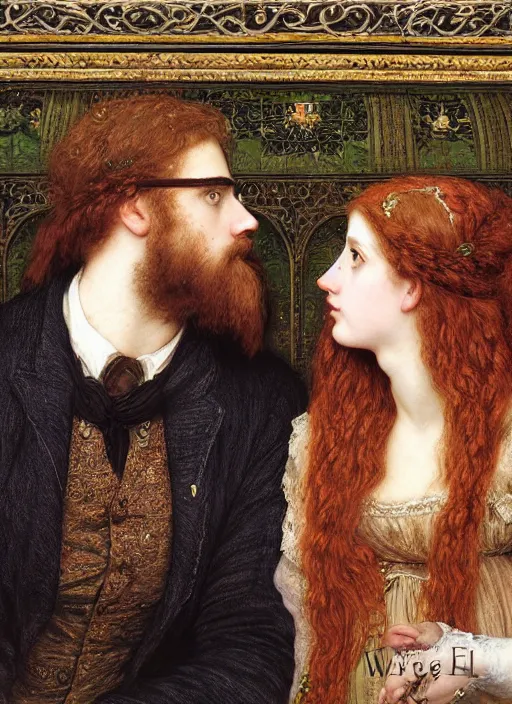 Prompt: masterpiece of intricately detailed preraphaelite photography couple portrait sat down, love, inside a beautiful underwater train, man with long hair big beard glasses, woman large lips eyes straight fringe, detailed realistic expressions, colourful unusual clothes yellow ochre, impressionistic crowd sat down in background by ford madox brown william powell frith frederic leighton john william waterhouse hildebrandt william morris