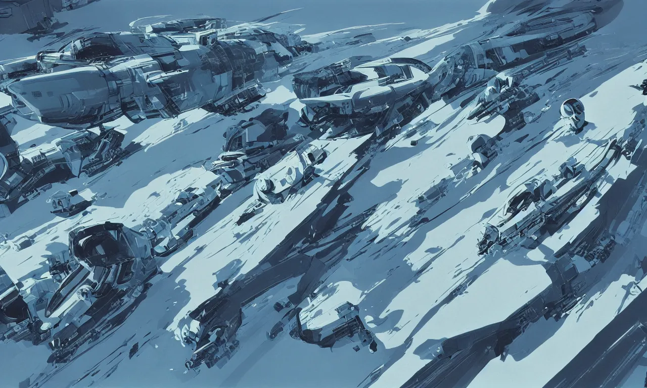 Prompt: Aerial view of an expedition into the frozen wasteland on an alien planet by Syd Mead, Federico Pelat