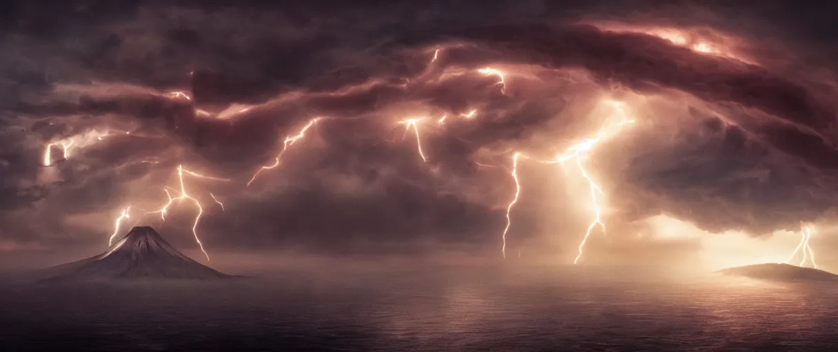 Image similar to a giant octopus tentacle hanging from the clouds over a rain forest, lightning storm and sun rays, ambient light, a volcano erupte, still from the movie the arrival, 8k