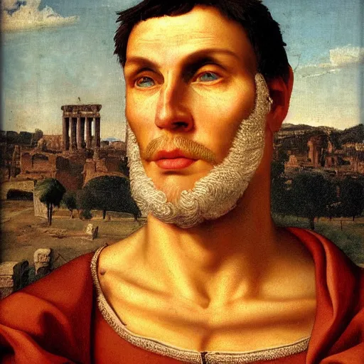 Image similar to Jerma985 in Ancient Rome, detailed, highly detailed, heroic, epic, complex, very detailed, realistic, HD quality, 8k resolution, body and headshot, Oil Painting, Italian Renaissance Painting of Jerma985, Italian Renaissance Painting Style, Renaissance Painting Style, Painting, Trending on Artstation