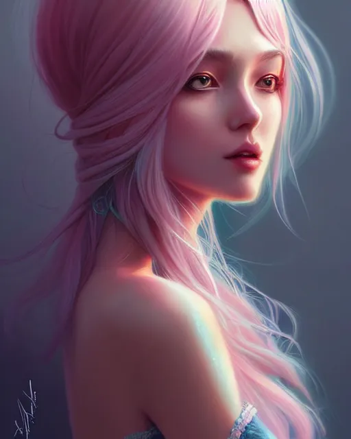 Image similar to soft pretty female long pastel color hair, wearing gorgeous clothing, digital character illustration, artstation trending female illustration, intricate, sharp focus, hyper detailed, digital painting, matte, character art by prywinko art, pyromallis rene maritte, masterpiece