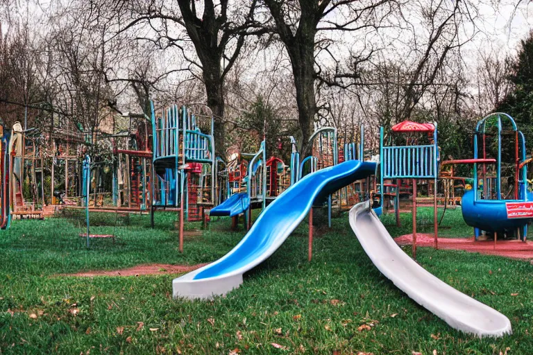 Prompt: a nostalgic playground, with the slide broken, liminal photo, out of reality