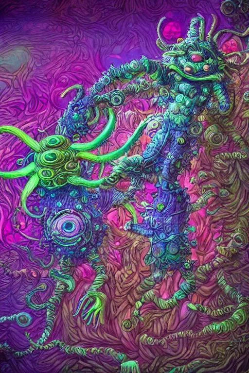 Image similar to creature sushi roots cactus elemental flush of force nature micro world fluo light deepdream a wild amazing steampunk baroque ancient alien creature, intricate detail, colorful digital painting radiating a glowing aura global illumination ray tracing