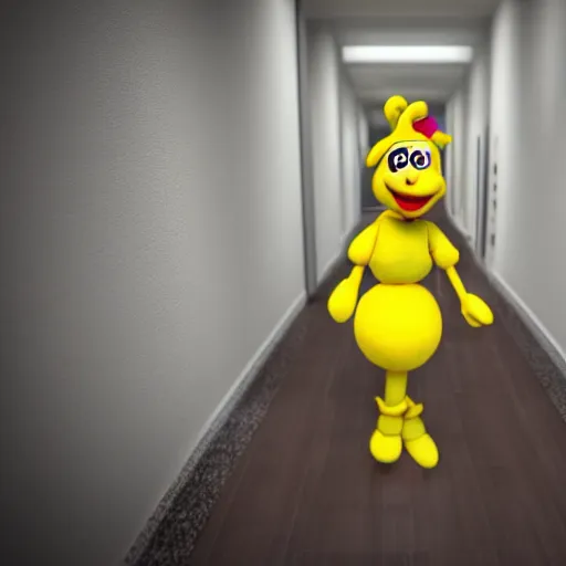 Image similar to Toy Chica walking down a hallway