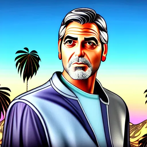 Image similar to george clooney in gta v. los santos in background, palm trees in the art style of stephen bliss