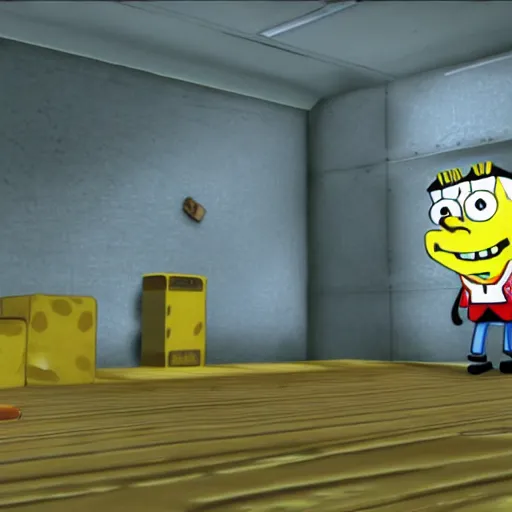 Prompt: Spongebob in GoldenEye 64 screenshot