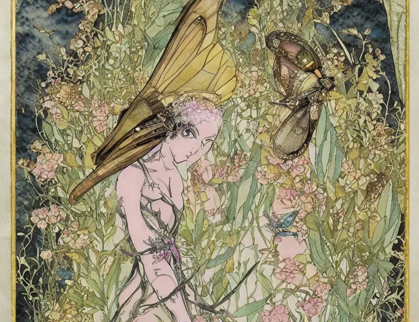 Prompt: faerie hawkmoth in the palace courtyard. this watercolor and gold leaf work by the award - winning mangaka has a beautiful composition and intricate details.