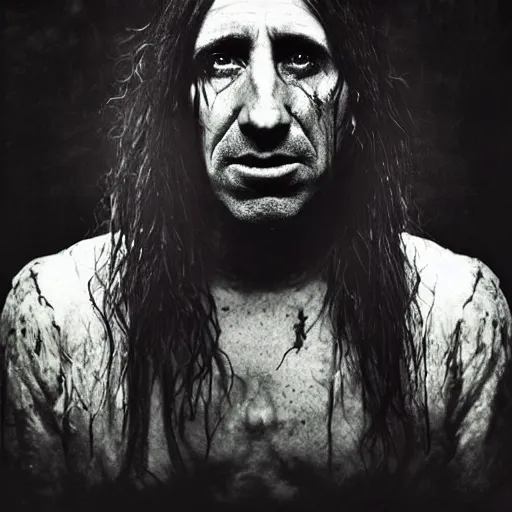 Prompt: portrait of trent reznor with long hair as a zombie by lee jeffries and michael hussar, award winning, sony a 7 r