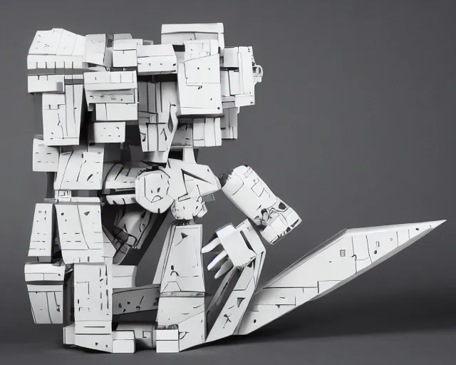 Prompt: photo of minimalist abstract cubist sculpture of curvy spaceship with random small mecha mayan carvings, covered with few large white airplane parts