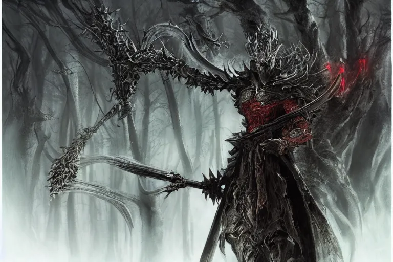 Prompt: dark hero character design, a white anthropomorphic mouse knight with a halberd, Eiko Ishioka dracula armor red, brian froud and HR Giger styling, in an elaborately detailed forest of brambles, shadows watch from the background, dramatic cinematic lighting and haze, cinematic concept painting by Ross Tran