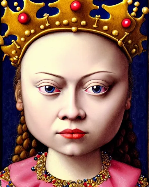 Image similar to closeup profile medieval jan van eyck face portrait of tin toy greta thunberg as a fairytale princess wearing a crown eating cakes in the castle, bikini, nicoletta ceccoli, mark ryden, lostfish, max fleischer, hyper realistic, artstation, illustration, digital paint, matte paint, vivid colors, bright, cheerful, detailed and intricate environment