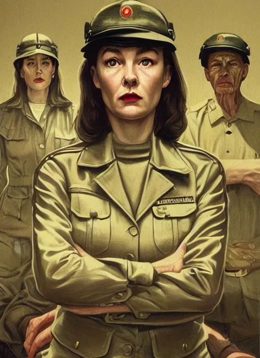 Prompt: twin peaks movie poster art, portrait of a vietnam war scene, from scene from twin peaks, clean, simple illustration, nostalgic, domestic, highly detailed, digital painting, artstation, concept art, smooth, sharp focus, illustration, artgerm, donato giancola, joseph christian leyendecker, wlop