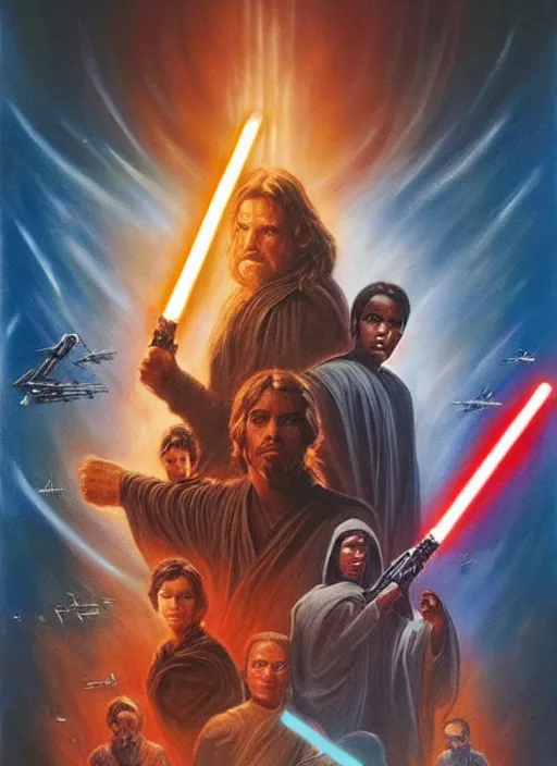 Prompt: epic cinematic poster artwork for featuring portraits for lost star wars film end of an empire ( 1 9 9 0 ), moody painting by drew struzan, beautiful backlit, colorful, iconic composition, epic award winning, artstation, extremely detailed, flare, photorealistic, 4 k