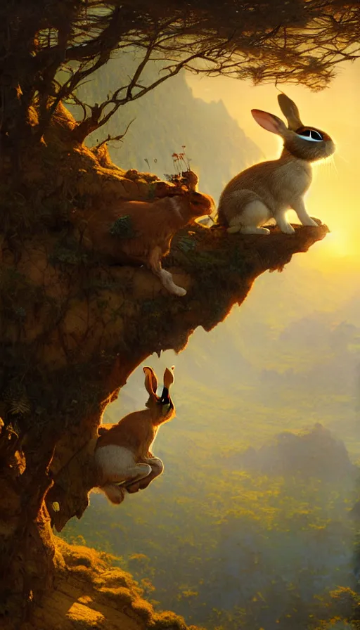 Image similar to rabbit looking off of a cliff, sun setting behind rabbit, lush forest in valley below, painted by tom bagshaw, james gurney, gaston bussiere, craig mullins, j. c. leyendecker 8 k