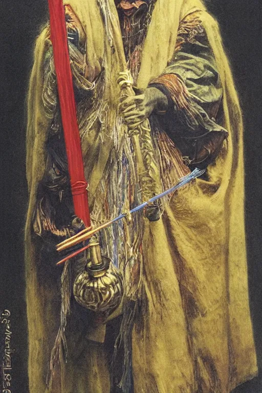 Image similar to a shaman in a rainbow hooded poncho, a venetian mask and holding a gold cane. by alan lee