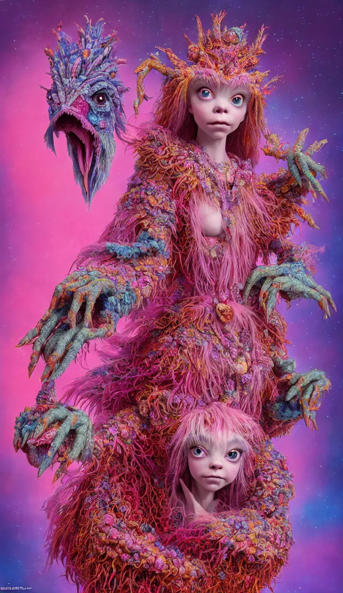 Image similar to hyper detailed 3d render like a Oil painting - kawaii portrait Aurora (a beautiful skeksis muppet fae queen from dark crystal that looks like Anya Taylor-Joy) seen red carpet photoshoot in UVIVF posing in scaly dress to Eat of the Strangling network of yellowcake aerochrome and milky Fruit and His delicate Hands hold of gossamer polyp blossoms bring iridescent fungal flowers whose spores black the foolish stars by Jacek Yerka, Ilya Kuvshinov, Mariusz Lewandowski, Houdini algorithmic generative render, Abstract brush strokes, Masterpiece, Edward Hopper and James Gilleard, Zdzislaw Beksinski, Mark Ryden, Wolfgang Lettl, hints of Yayoi Kasuma, octane render, 8k