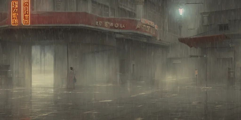 Prompt: an old cinema, foggy rainy day, matte painting, studio ghibli, artstation