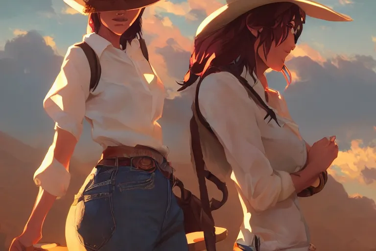 Image similar to western cowgirl, single centered subject, scenic full shot, ambient lighting, detailed face, by makoto shinkai, stanley artgerm lau, wlop, rossdraws