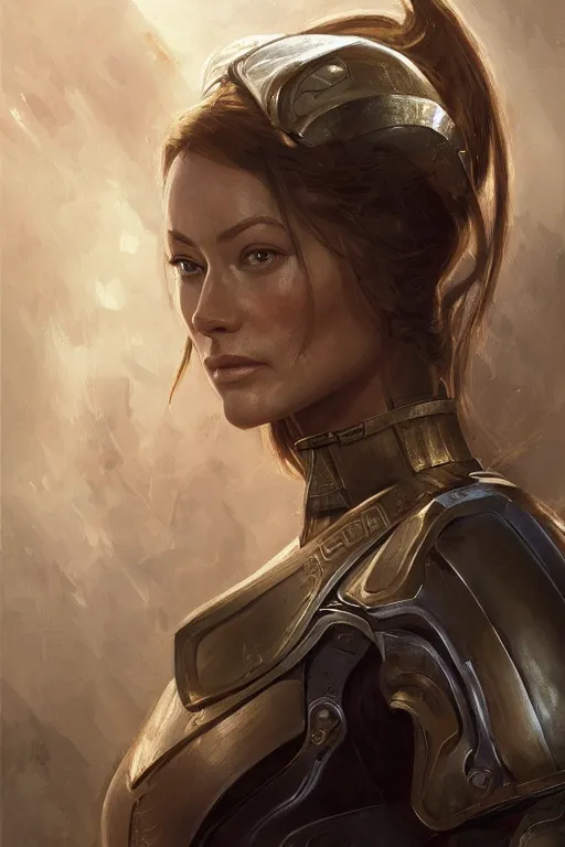 Image similar to a professional painting of a young Olivia Wilde, clothes in military armor, olive skin, long dark hair, beautiful bone structure, symmetrical facial features, intricate, elegant, digital painting, concept art, smooth, sharp focus, illustration, from StarCraft by Ruan Jia and Mandy Jurgens and Artgerm and William-Adolphe Bouguerea