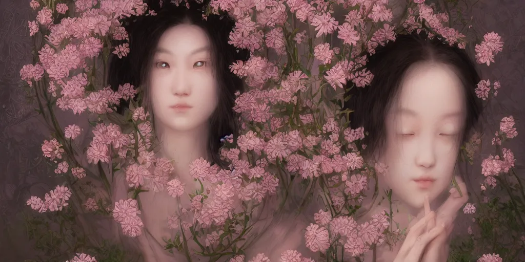 Image similar to breathtaking detailed weird concept art painting of few goddesses of light pink flowers, orthodox saint, with anxious, piercing eyes, ornate background, amalgamation of leaves and flowers, by Hsiao-Ron Cheng, extremely moody lighting, 8K