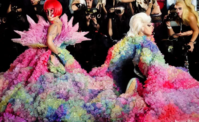 Image similar to IMG_975.raw, lady gaga ,beautiful composition, alexander mcqueen, colourful , 50mm f1.8, ambient light, tmz