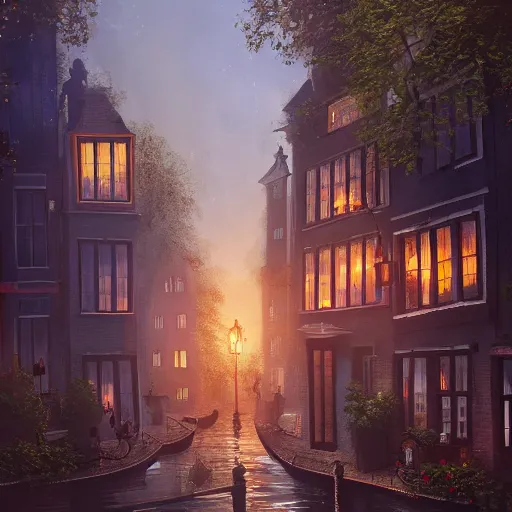 Image similar to a magical town with a few very tall crooked buildings, inspired by amsterdam and victorian england, night time, magical realism, dreamlike, digital painting, highly detailed, concept art, game art, matte painting, trending on artstation, octane render, 8 k, unreal engine