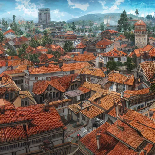 Image similar to very panoramic view of a traditional city with tiled roofs surrounded by a wooden wall, texture, intricate, details, highly detailed, masterpiece, architecture, building, trending on artstation, focus, sharp focus, concept art, digital painting, fantasy, sunny, day, midday, trending on artstation