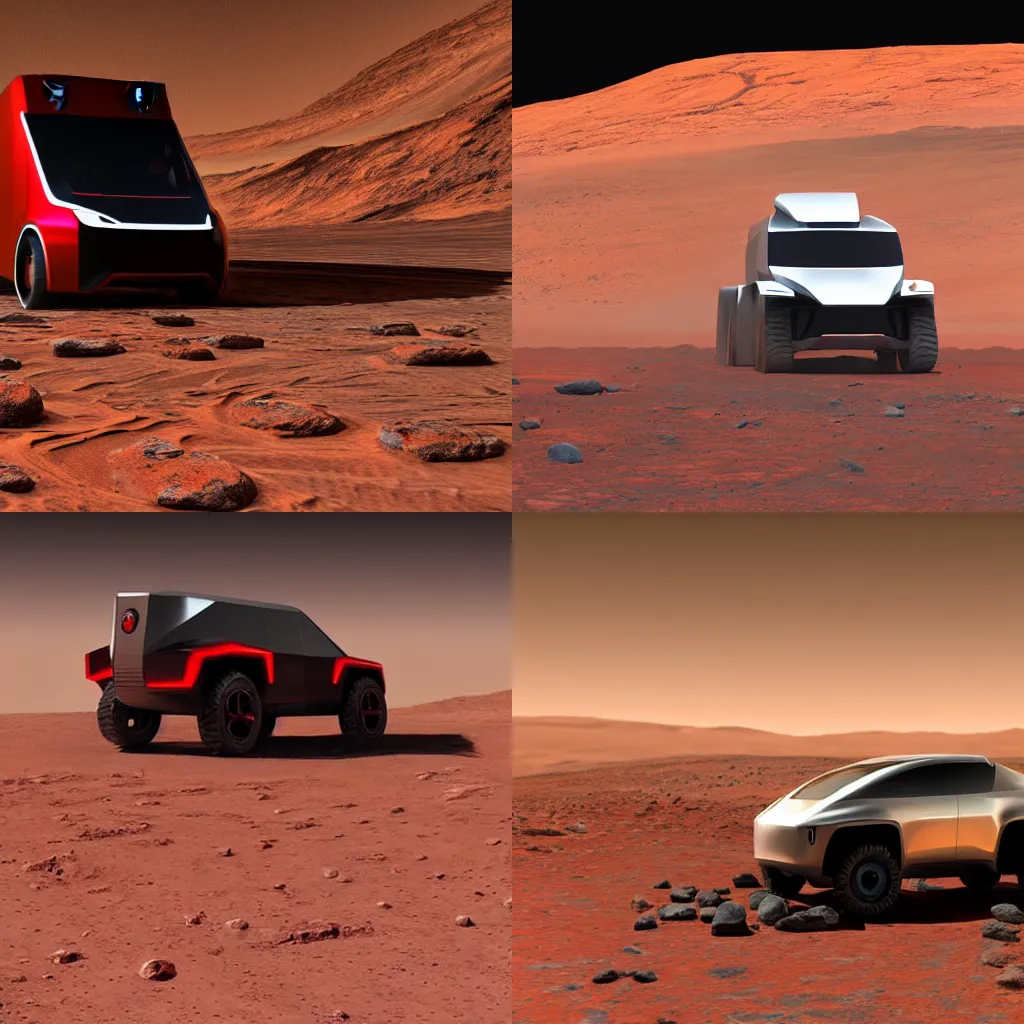 Prompt: Tesla Cybertruck driving on mars, highly detailed, 4k, photography, martian rocks in background