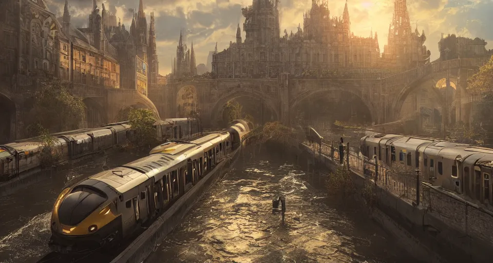 Image similar to An urban train rides inside of a waterway on a fantasy city, next to a fountain and a mystical palace,, hyperdetailed, artstation, cgsociety, golden hour 8k