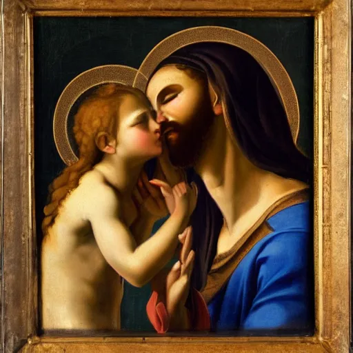 Image similar to an oil panting of a jesus kissing maria maddalena