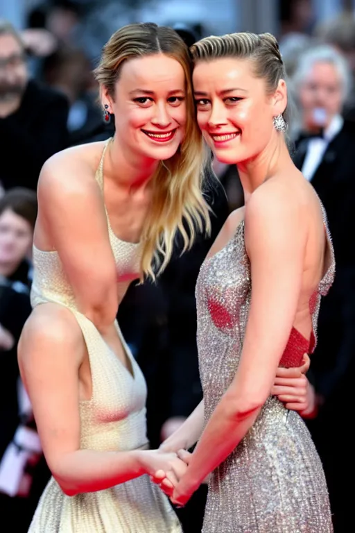 Image similar to brie larson and amber heard holding hands on the red carpet, beautiful detailed faces