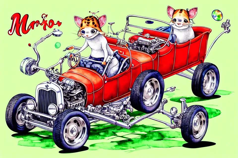 Image similar to cute and funny, margay riding in a tiny 1 9 2 3 ford t - bucket with oversized engine, ratfink style by ed roth, centered award winning watercolor pen illustration, isometric illustration by chihiro iwasaki, edited by range murata, tiny details by artgerm and watercolor girl, symmetrically isometrically centered